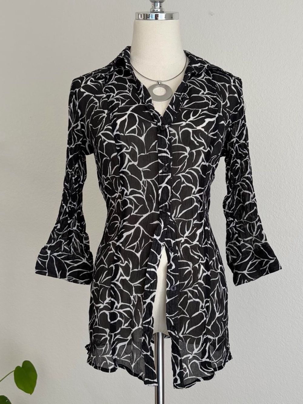 Chico's Black and White Leaf-Print Button-Front Blouse